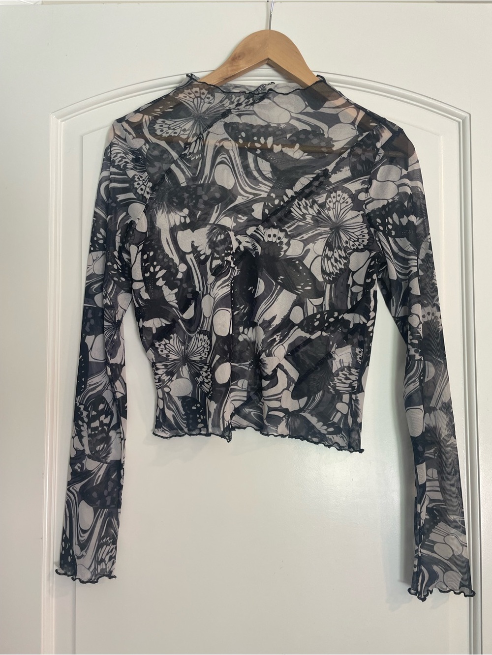 Garage Black & White Y2K Goth Butterfly Mesh Long Sleeve Sheer Blouse Top L
